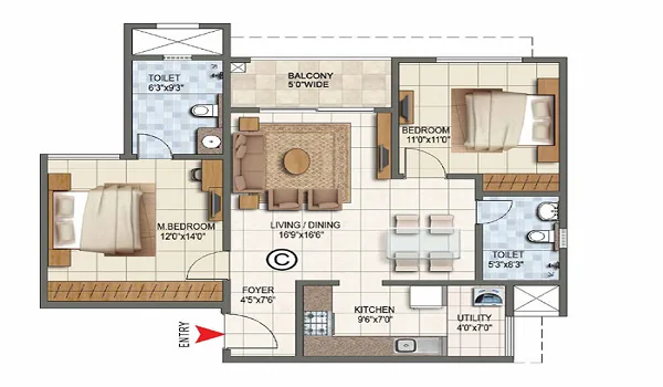 2 BHK, 800–1,000 sq.ft. floor plan at Prestige Thane