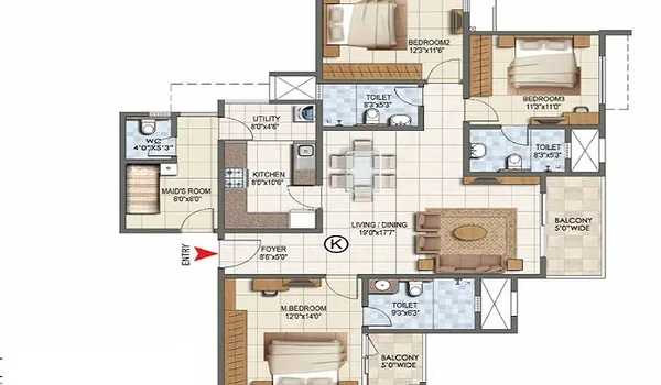 3 BHK, 1,400–1,800 sq.ft. floor plan at Prestige Thane