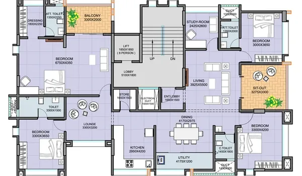4 BHK, 2,200–2,500 sq.ft. floor plan at Prestige Thane
